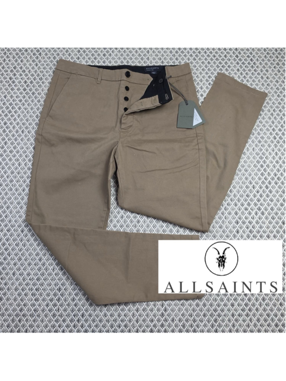 AllSaints Walde Chino Mens 32 Cacao Brown Stretch Pants Ramskull NWT